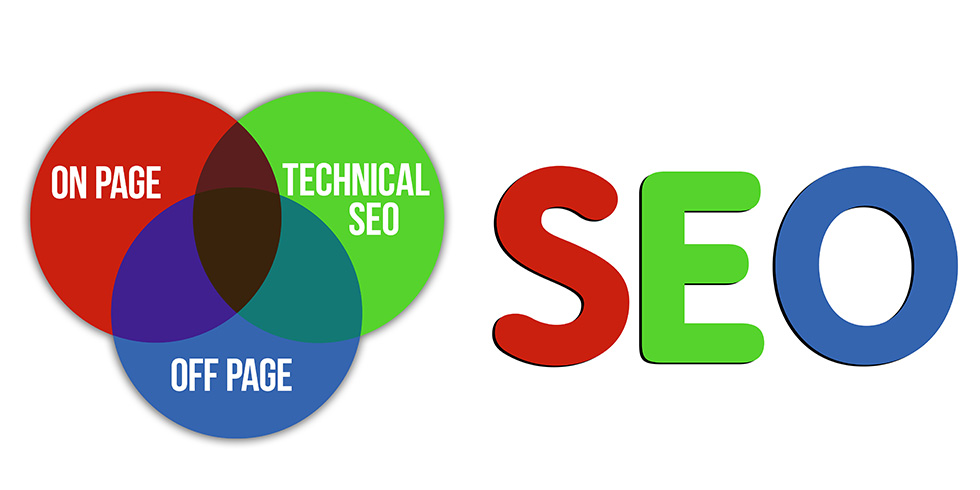 Graphic with text: SEO, on-page, off-page, technical
