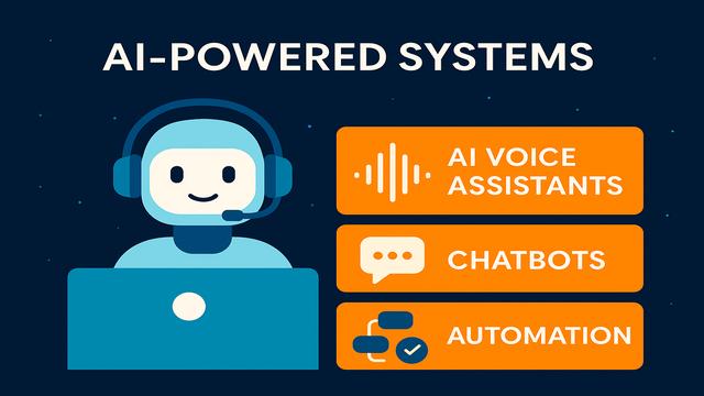Illustration of a robot with a headset at a laptop, with text listing AI-powered systems: AI voice assistants, chatbots, and automation.