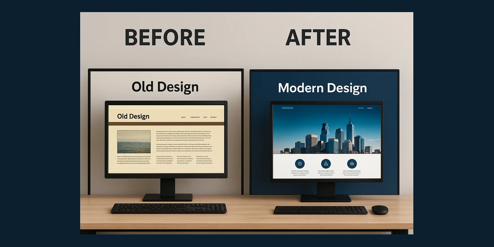 Side-by-side computer monitors labeled "Old Design" and "Modern Design," showing a basic webpage on the left and a sleek, updated webpage on the right.