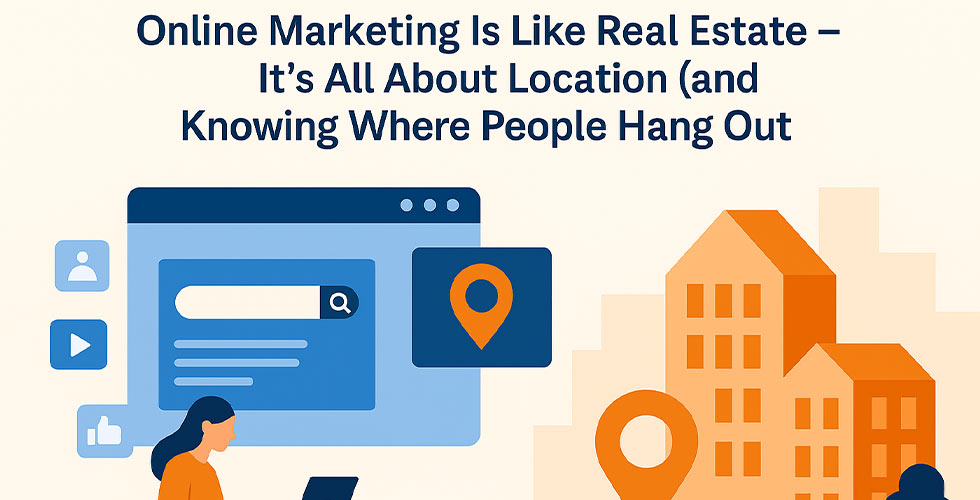 A person using a laptop is shown beside icons of social media and buildings, with text comparing online marketing to real estate and emphasizing the importance of location.