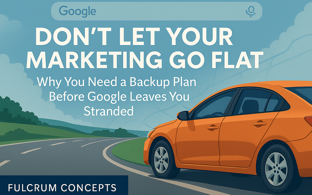 An orange car is parked on the side of a rural road, with the text: "Don't let your marketing go flat. Why you need a backup plan before Google leaves you stranded.