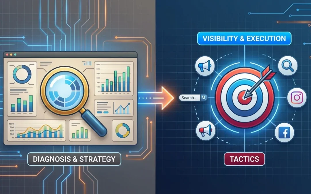 Split image showing "Diagnosis & Strategy" with analytics icons on the left, and "Tactics" with a target and social media icons on the right, linked by an arrow labeled "Search.