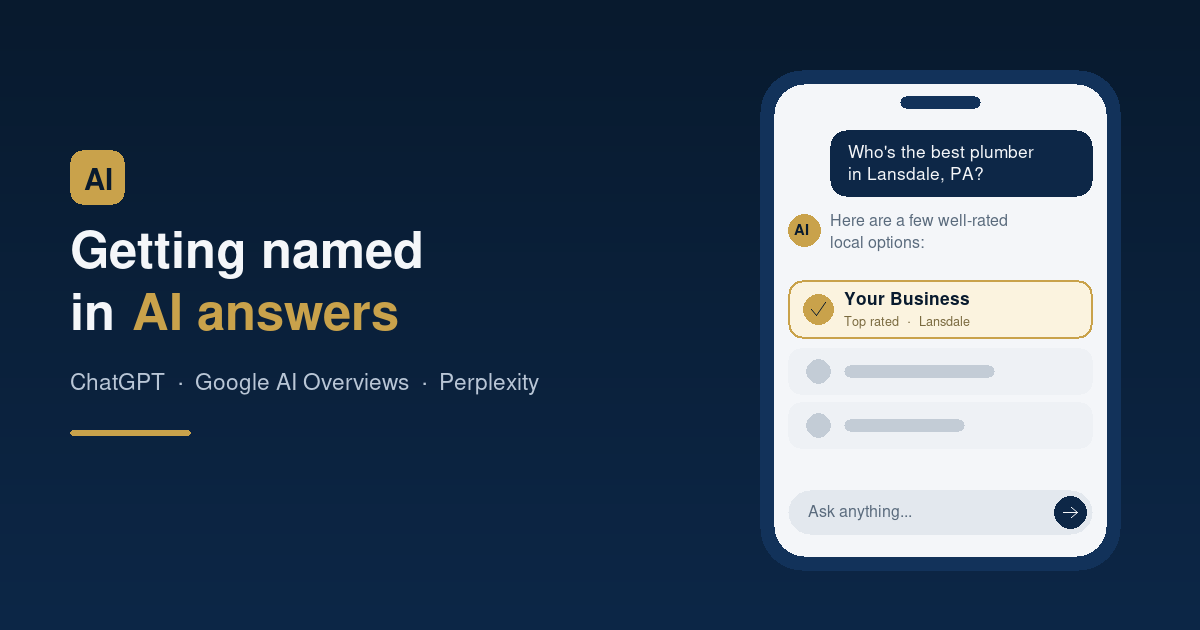 Smartphone showing an AI assistant answer naming a local business in Lansdale, PA